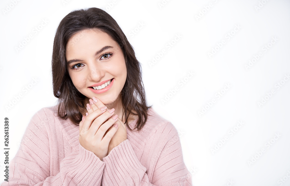 Portrait of young beautiful innocence caucasian woman over white background. Smile happy face asian girl wear winter cold cloth. Beauty treatment perfect clear skin makeup lifestyle concept banner Portrait of young beautiful innocence caucasian woman over white background. Smile happy face asian girl wear winter cold cloth. Beauty treatment perfect clear skin makeup lifestyle concept banner