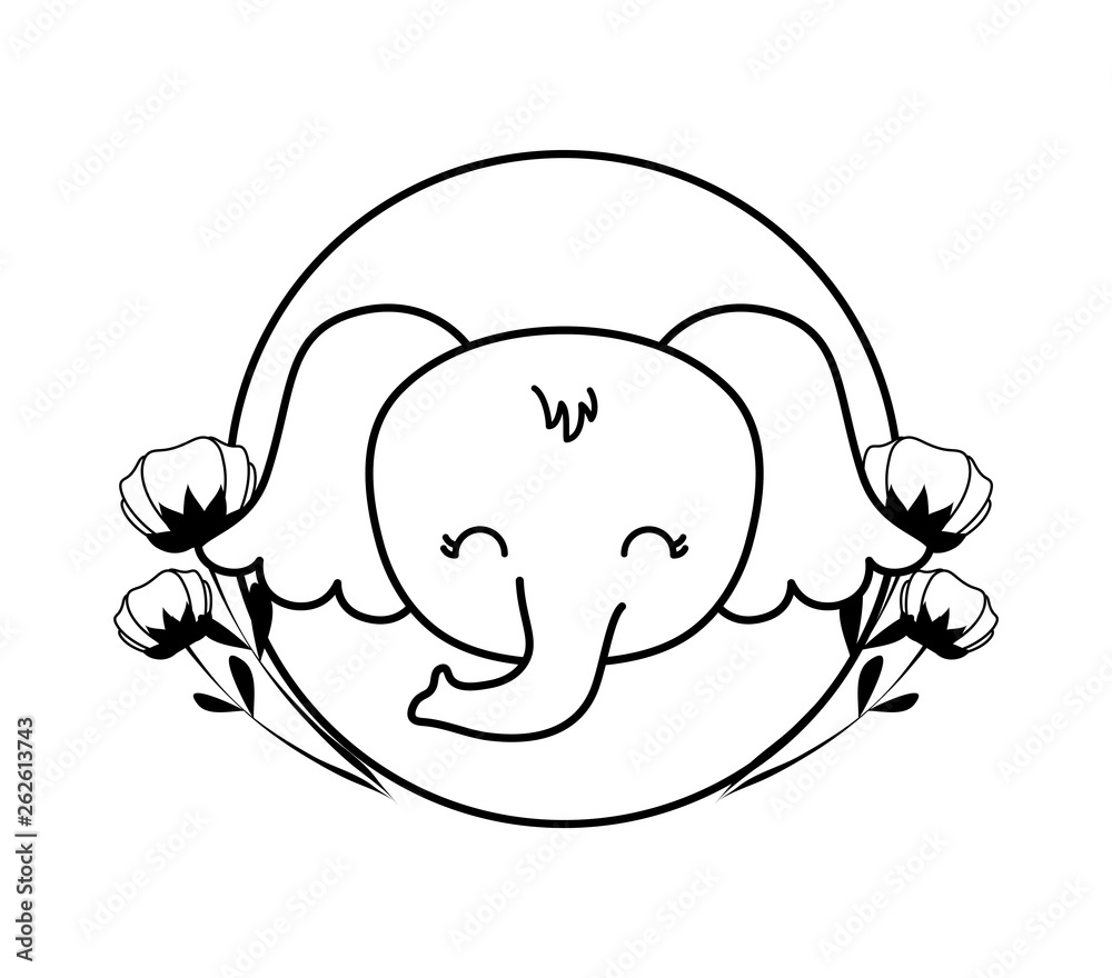 head of cute elephant in frame circular with flowers head of cute elephant in frame circular with flowers