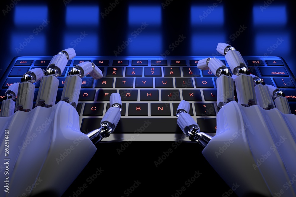 cyborg hand using computer. Hands of typing on keyboard. 3d render illustration. Stock Illustration | Adobe Stock