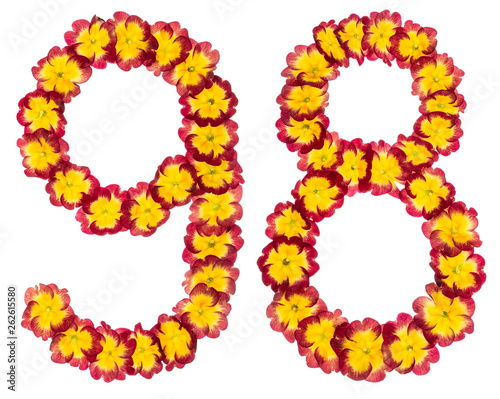 Numeral 98, ninety eight, from natural flowers of primula, isolated on white background