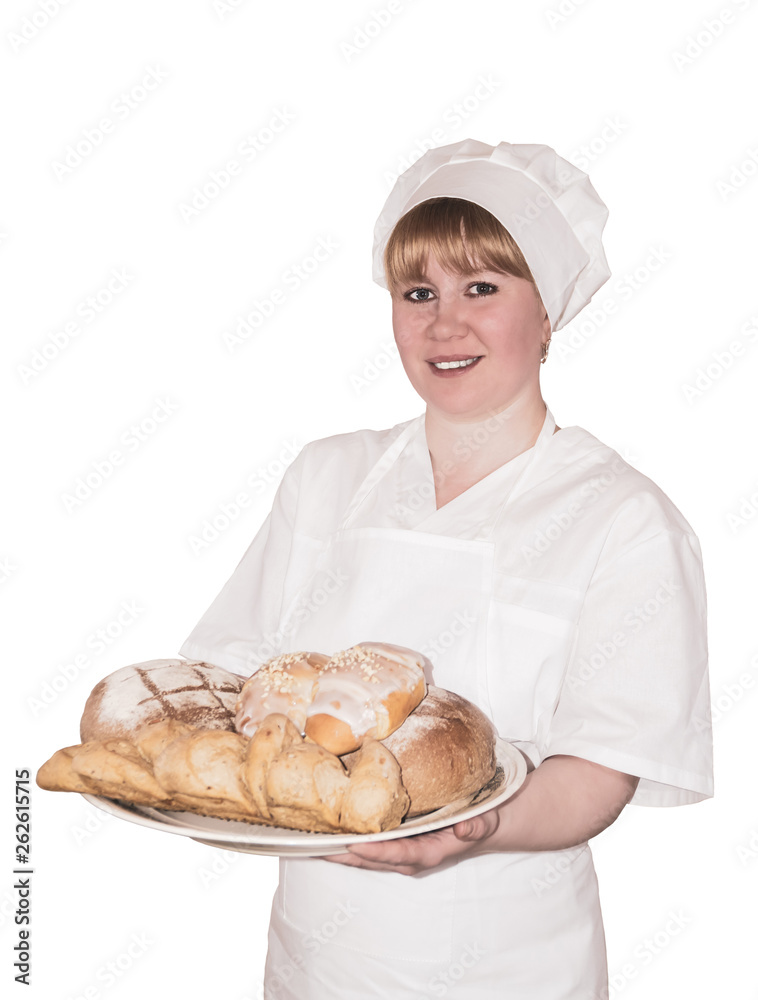 woman baker holds a dish with sweet buns isolated woman baker holds a dish with sweet buns isolated