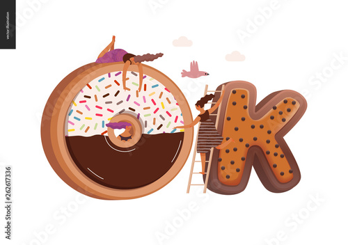 Dessert lettering - OK - modern flat vector concept digital illustration of temptation font, sweet lettering and girls. Caramel, toffee, biscuit, waffle, cookie, cream and chocolate letters