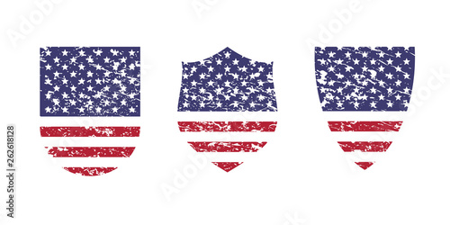 Vintage grunge shield with USA American flag, set isolated on white background, vector illustration.