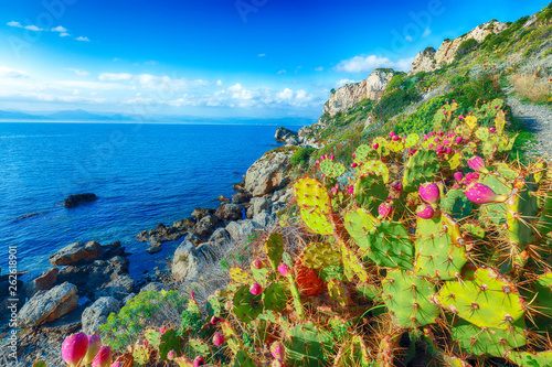 Dramatic spring sunset on the the cape Milazzo panorama of nature reserve Piscina di Venere.