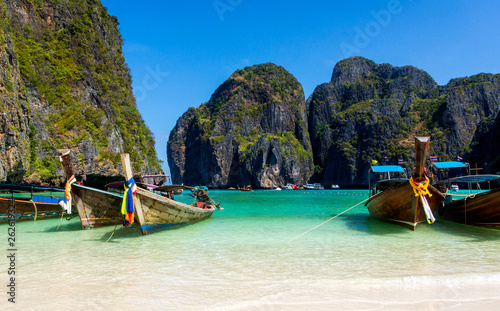 Long-tail boats on sandy beach, Phi Phi Lay island