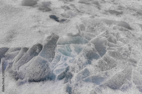 Texture of melted ice on the lake in spring.