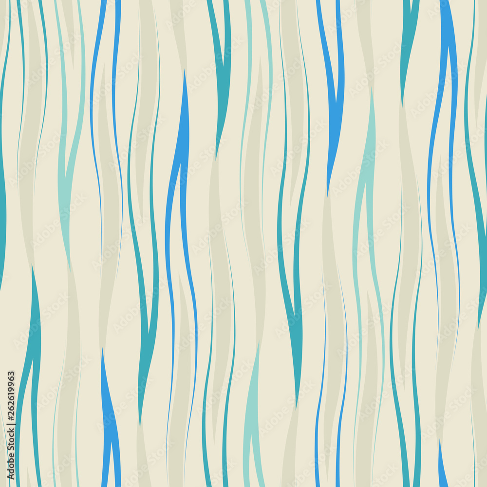 Seamless vector abstract pattern with waves in pastel blue colors on light background. Endless wavy print