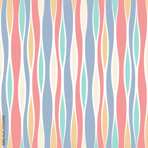Seamless vector abstract pattern with mosaic waves in pastel blue, red, white colors. Colorful endless wavy background