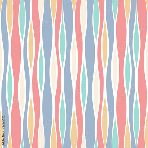 Seamless vector abstract pattern with mosaic waves in pastel blue, red, white colors. Colorful endless wavy background