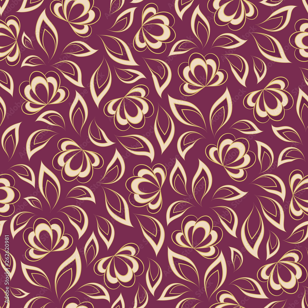 Seamless vector floral pattern with abstract flowers and leaves in light gold colors on purple background. Ornate endless print in vintage style