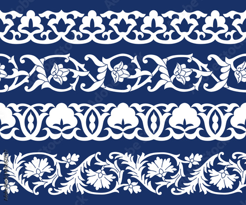 Set of seamless tape Patterns in the form of cotton in the Uzbek national style, vector mockup for design, isolated on blue background. photo