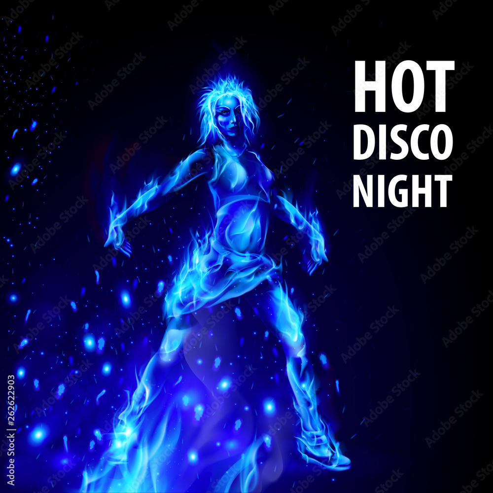 Fototapeta premium Dancing Hot Girl in Blue Fire on Black Background. Hot disco Night