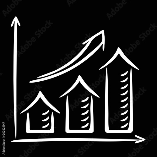 Growth chart white outline on a black background. Sketch-Style Icon. Symbol. Sign. Stock Vector Illustration. 