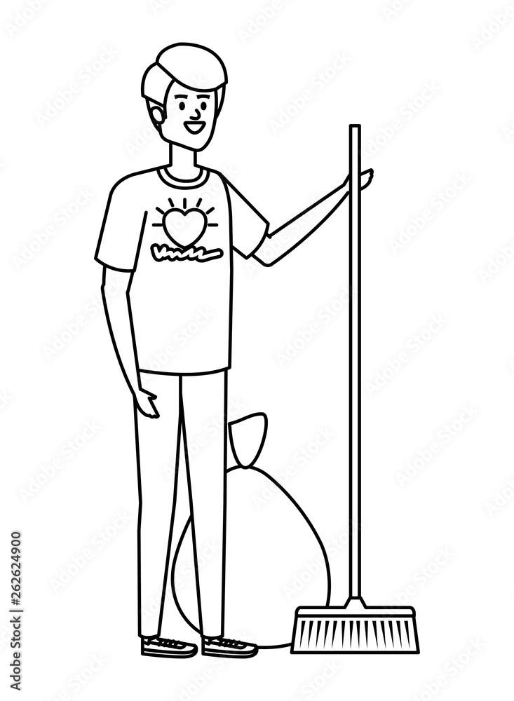 young man volunteer with garbage bag and broom young man volunteer with garbage bag and broom