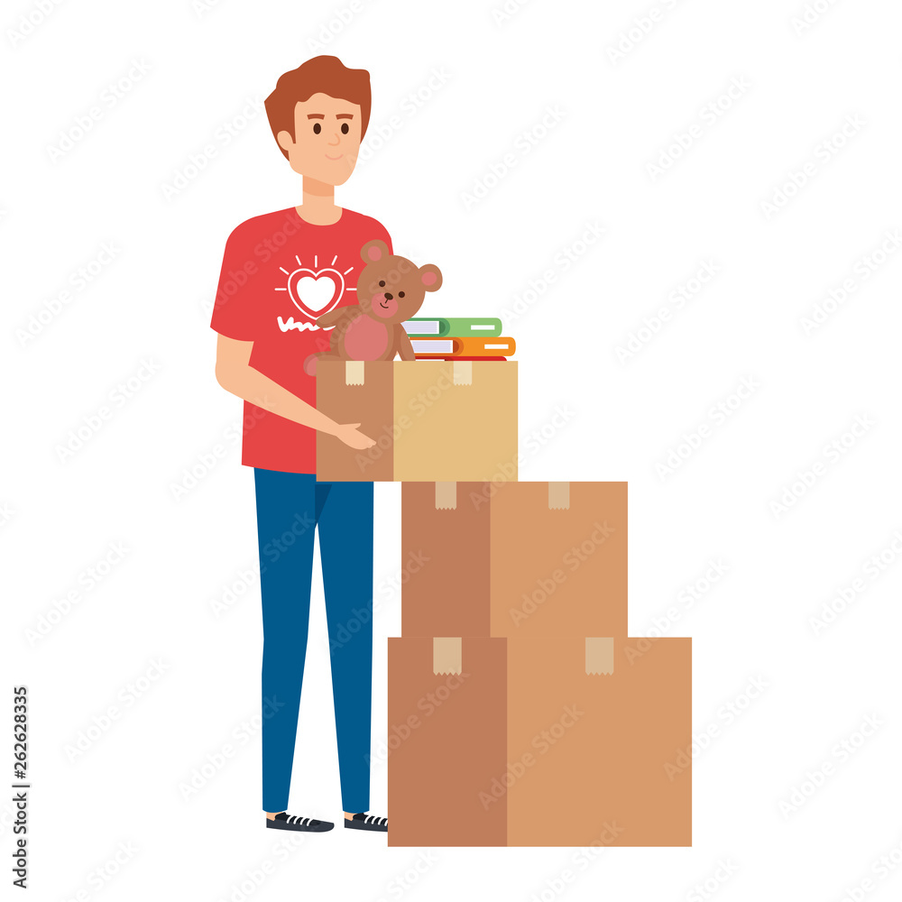 young man volunteer with donations boxes young man volunteer with donations boxes
