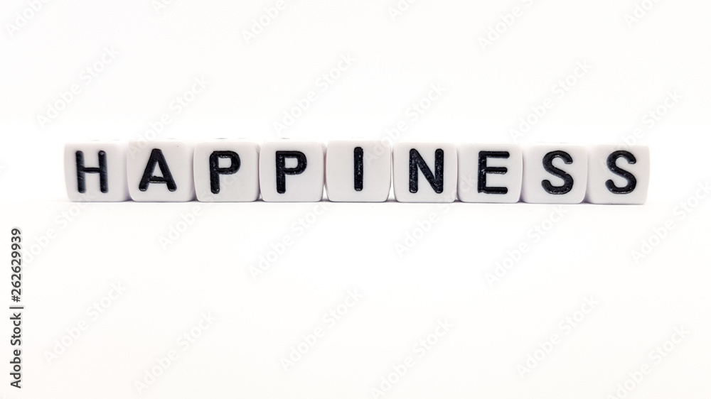 happiness word built with white cubes and black letters on white background happiness word built with white cubes and black letters on white background