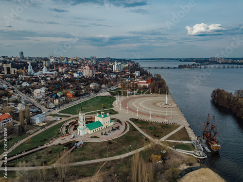 Evening Voronezh, aerial view. Admiralteiskaya square, Assumption (Admiralty) Church and monument of first Russian ship photo