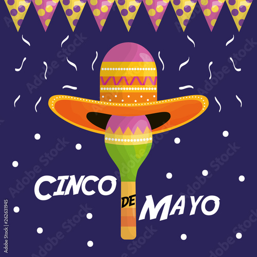 cinco de mayo celebration with hat mexican and maraca