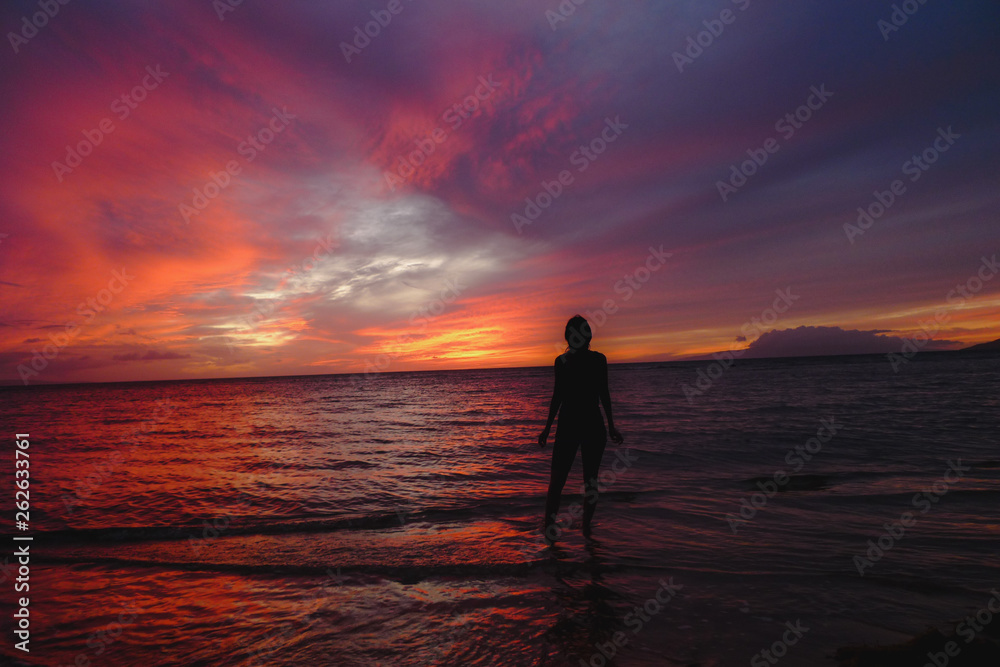 Ocean Sunset Silhouette with girl