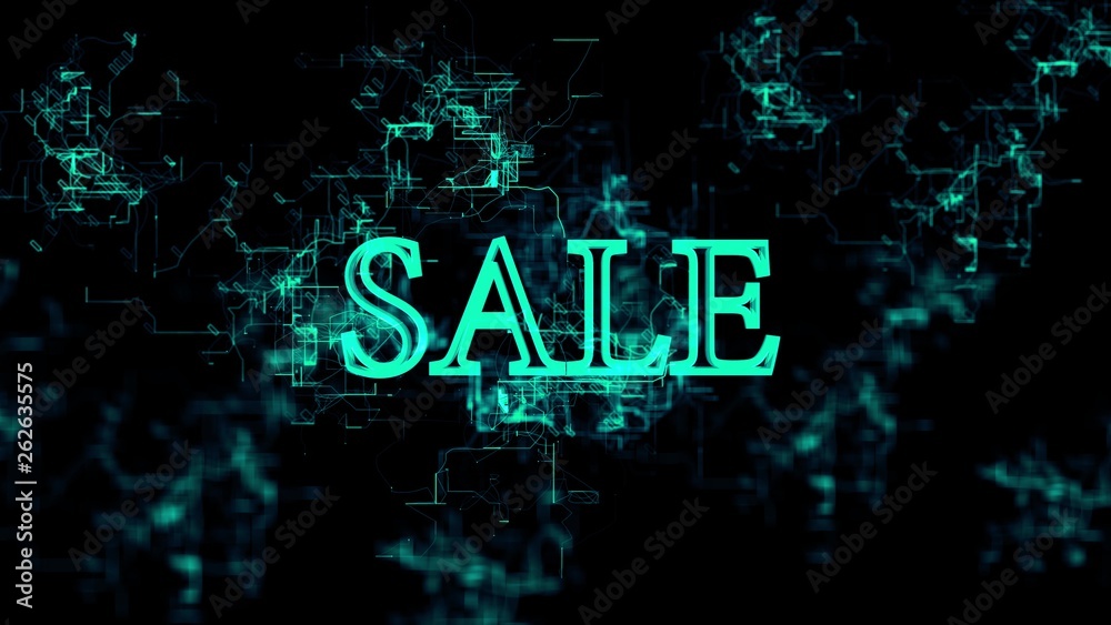 Animation of the Digital Network. Sign 'Sale'. Blue wires, black background Animation of the Digital Network. Sign 'Sale'. Blue wires, black background
