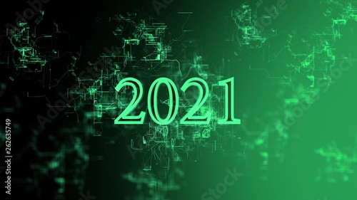Animation of the Digital Network. Sign '2021'. Green wires, black and green gradient background
