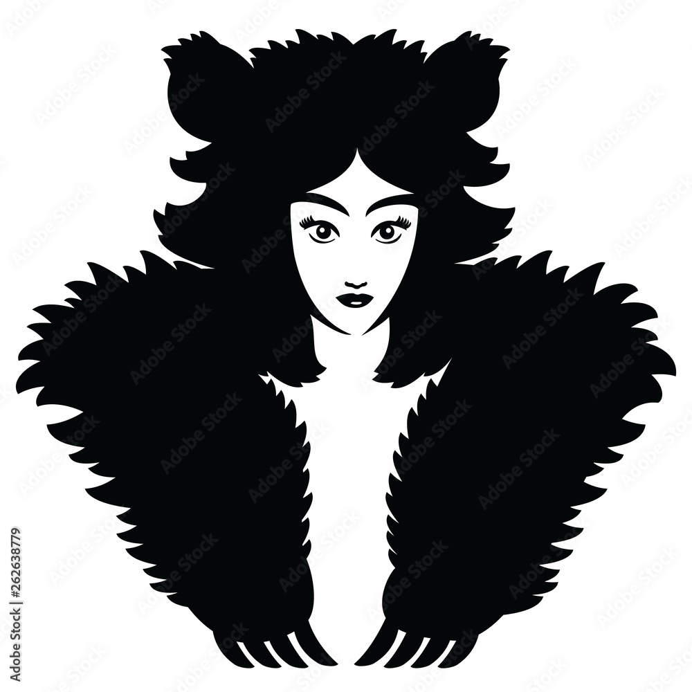 Vector illustration of a fantasy girl image. Black and white portrait in modern design style. Woman graphic icon. Vector illustration of a fantasy girl image. Black and white portrait in modern design style. Woman graphic icon.
