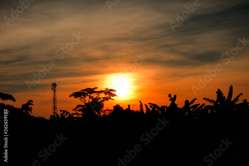 Beautiful sunrise with trees and tower silhouette