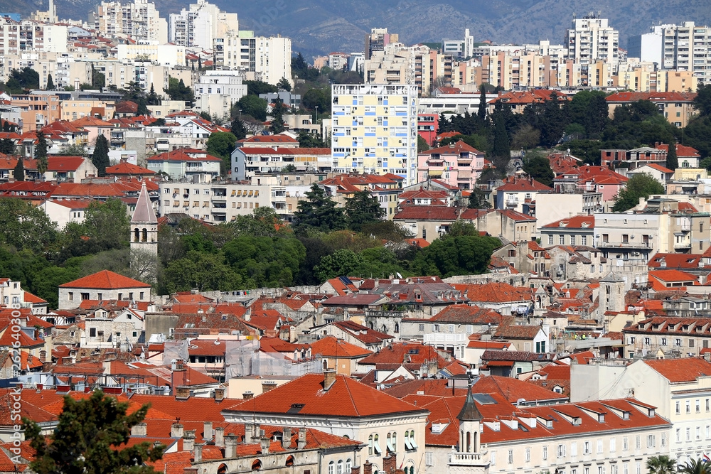 Aerial view of historic city centre of Split, Croatia. Split is popular summer travel destination.