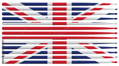 United Kingdom drummer flag with red, white and blue striped drum sticks isolated vector illustration