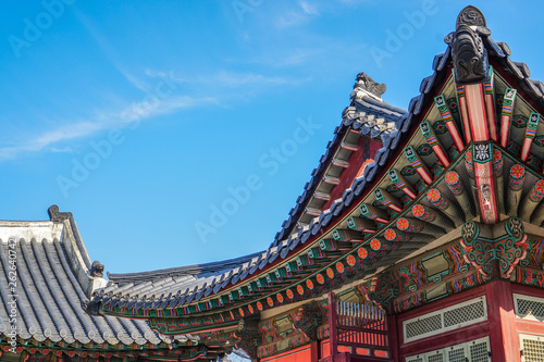 beautiful korean temple architecture with blue skies