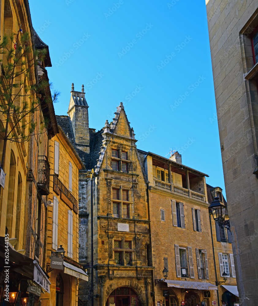 Views of the architecture of the lovely medieval town of Sarlat-la-Caneda in the Dordogne region of France