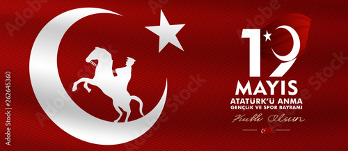 19 may, Commemoration of Atatürk, Youth and Sports Day, (19 mayıs, Atatürk'ü anma gençlik ve spor bayramı.) vector illustration.	