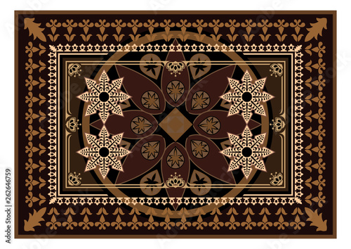 Carpet with brown color. The Eastern rectangular rug with different patterns and frames