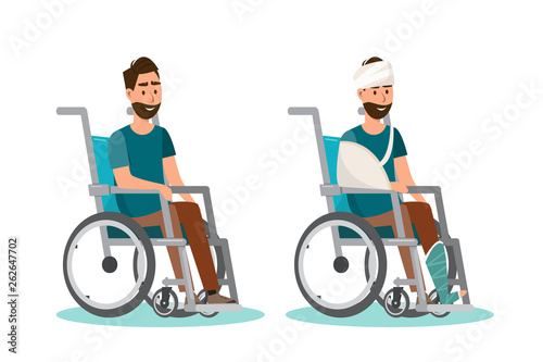 Man sit on a wheelchair with white background