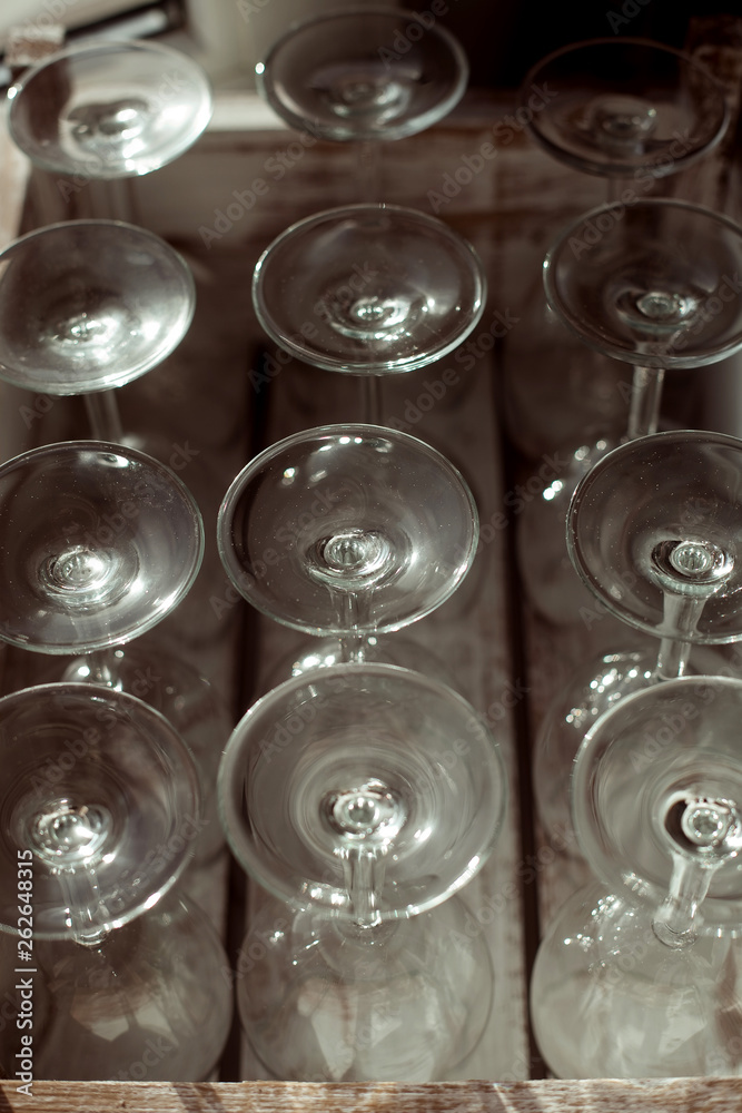 many glass goblets, dishes close-up many glass goblets, dishes close-up