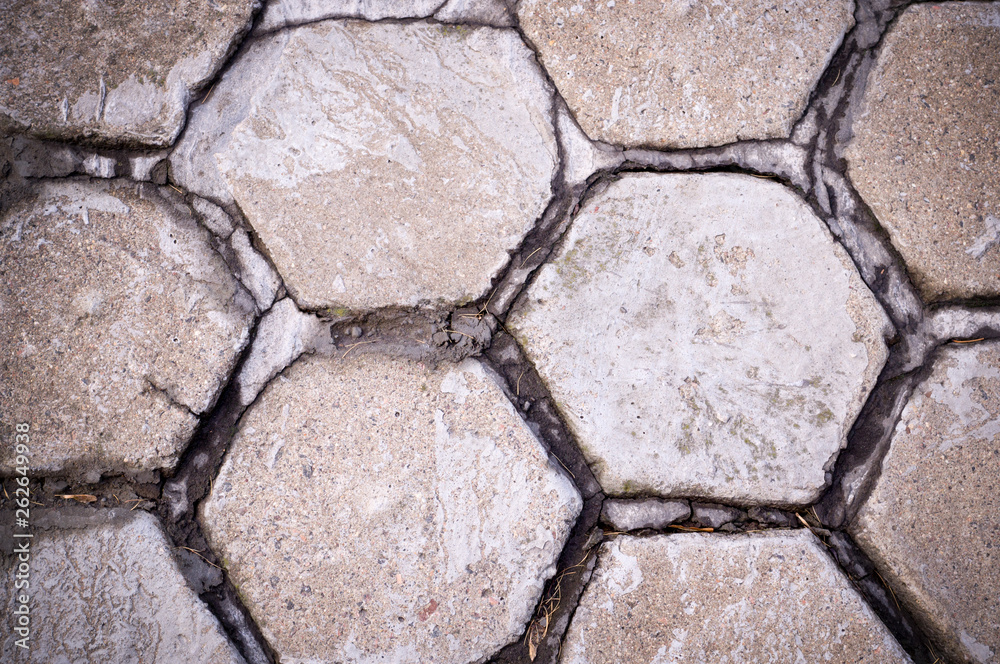hexagon shaped tile paved sidewalk with vignette. background, urban. hexagon shaped tile paved sidewalk with vignette. background, urban.