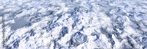 Colorful panoramic landscape: lake and snow mountains highlands landscape, aerial view of miniature world. (Plane backplate, 3D rendering computer digitally generated illustration.)