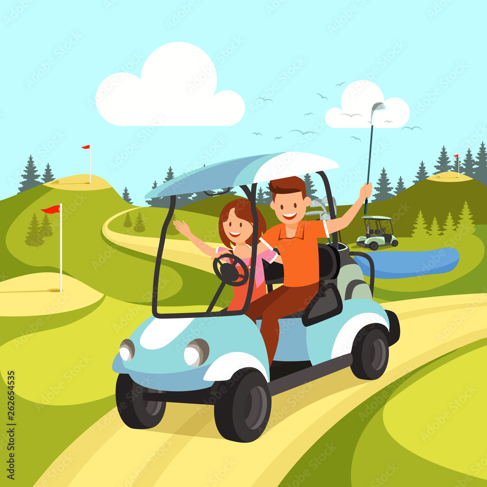 Couple of Young Man and Woman Driving Golf Cart.