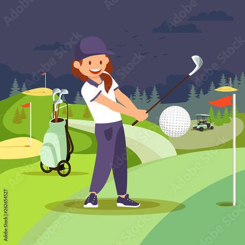 Girl Playing Golf at Nigh Course. Sport Lifestyle.