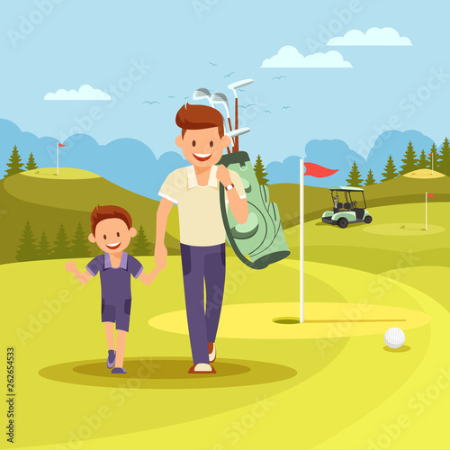 Happy Man with Clubs Bag Leading Boy to Play Golf.