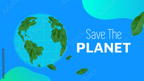 Celebrating earth day, leaves composition world map on globe with save the planet lettering