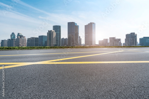 Empty Asphalt Road Through Modern City of Shanghai  China..