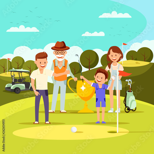 Happy Family Stand at Field with Holes and Flag.