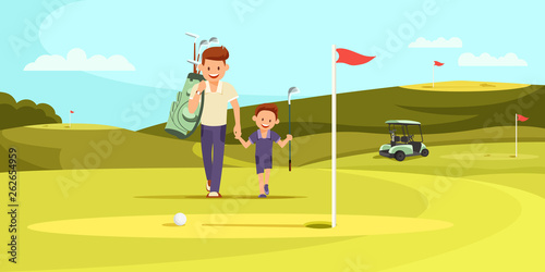 Man in Sport Suit with Golf Clubs Walking with Son