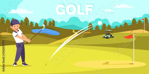 Smile Man in Sport Uniform Hit Ball with Golf Club