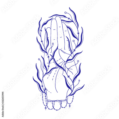 Mystic hand and leaves illustration, esoteric sign,magic life. Vintage old style, graphic line. Isolated in white background.