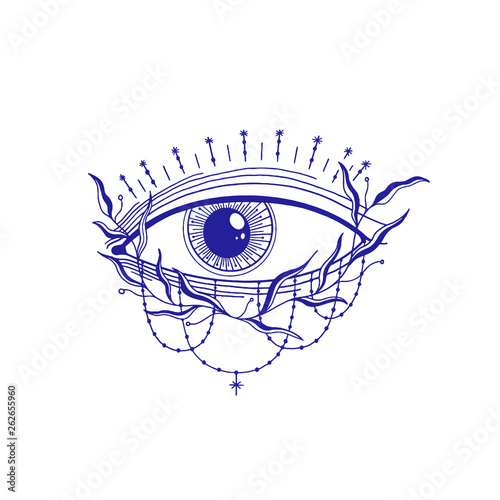 Mystic eye illustration, esoteric sign,magic life. Vintage old style, graphic line. Isolated in white background.