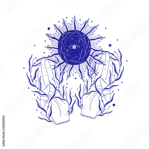 Mystic sun in hand illustration, esoteric sign,magic life. Vintage old style, graphic line. Isolated in white background.
