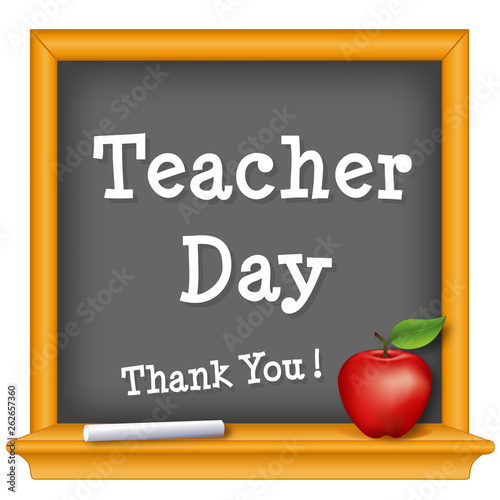 Fototapeta Naklejka Na Ścianę i Meble -  Teacher Day, national holiday on Tuesday of 1st full week of May, text on wood frame chalkboard with a big red apple. Thank You! Celebrate Teachers!