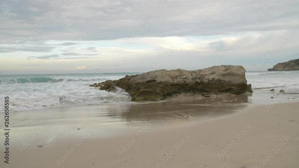Beautiful low-angled moving shot of foamy seawater flowing around rock and across frame at beach during sunset with birds flying across frame in the background